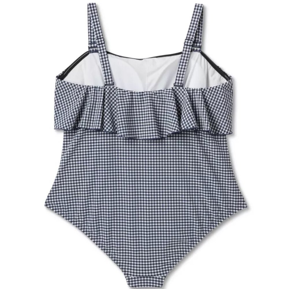 Kona Sol Blue Bandeau Flounce Front Ruched High Coverage 1-Piece Swimsuit Size L - Picture 4 of 11